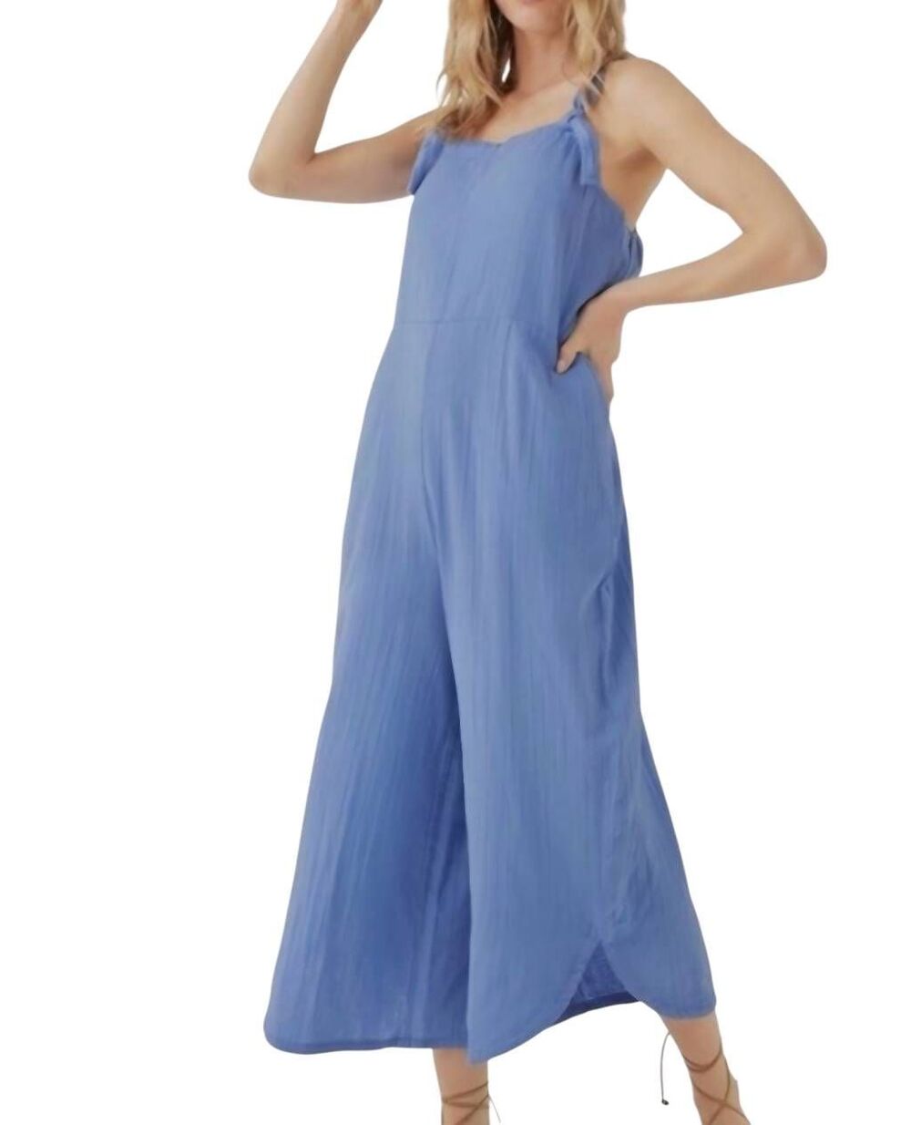 Pact Jumpsuit Women's XS Blue Double Gauze Coastal Tie Strap Beachy Organic